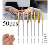 Shein 50 piezas de agujas de coser de sastre surtidas, 5 tamaños surtidos (70/9, 80/11, 90/14, 100/16, 110/18) para máquina de coser y bordar doméstica, col