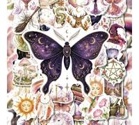 Shein 50 piezas de pegatinas de acuarela mágica morada de jardín de brujas, calcomanías místicas de bola de cristal, pentagrama y mariposa, ideales para dia