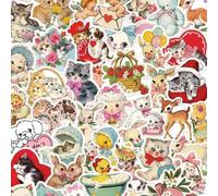 Shein 50 piezas de pegatinas de arte de animales estilo cuento de hadas retro acuarela, PVC impermeable, conejo, gato, pato, ciervo, cordero, cisne, colecci