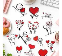 Shein 50 piezas de pegatinas lindas de figuras de palitos con corazones rojos de amor, calcomanías de escenas de parejas de figuras de palitos minimalistas,