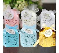 Shein 50 piezas/paquete Caja cuadrada de regalo de dulces con diseño de elefante para fiesta de cumpleaños, empaque de chocolates, de 5*5*8cm, con cinta y e