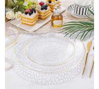Shein 50 piezas/Set Platos redondos con borde dorado transparente y martillado, Plato grande de 10.25", Plato pequeño de 7.5", Vajilla reutilizable y fácil