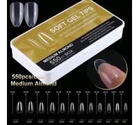 Shein 550 piezas de Consejos de uñas de almendra mediana con gel suave, Transparente 9 tamaños de uñas acrílicas de cobertura total, uñas de almendras con e