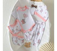 Shein 5piezas/Set Conjunto de Recién Nacido para Niños y Niñas con Estampado de Elefante y Corazón Rosa & Blanco, Mono + Pantalones con Cintura Elástica Est