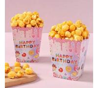Shein 6 cajas de comida con tema de donut rosa, impresas con el texto "Feliz cumpleaños", que se pueden usar como caja para papas fritas, vaso para palomita