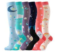 Shein 6 pares de calcetines de compresión con diseño de luna y estrella para mujeres y hombres, calcetines de compresión médica transpirables hasta la rodil