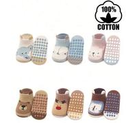 Shein 6 pares de calcetines suaves de algodón con diseño de oreja 3D y puntos antideslizantes de animales de dibujos animados para niños pequeños