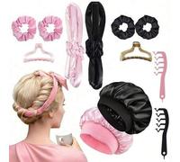 Shein 6 PIEZAS/5 PIEZAS/4 PIEZAS Juego de herramientas para peinado mientras duermes Mcbki, Rulos sin calor + Gorro para dormir + Peine en forma de Z, Gorro
