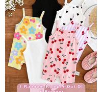 Shein [6 piezas aleatorias, enviar 1 pieza] Vintage Cute Sweet Pink Striped Bow, Cherry, Heart, Floral Print Pattern, Estilo Ins, Mono de tirantes casual pa