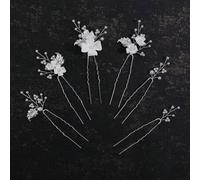 Shein 6 piezas Flores hechas a mano de arcilla polimérica con hojas plateadas y perlas falsas, Set de pasador/tiara para mujeres y novias, Accesorios para e