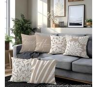 Shein 6 piezas Funda de cojín con cita inspiradora "Home Sweet Home & Family Is Everything" de estilo geométrico floral y de hojas de color té con leche mod