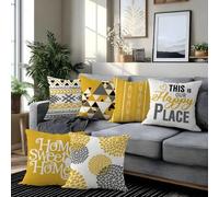 Shein 6 piezas Funda de cojín inspiradora con estampado geométrico minimalista moderno amarillo y gris "Hogar dulce hogar y este es nuestro lugar feliz", 17