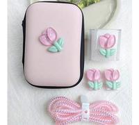 Shein 6 piezas Funda protectora para cargador de teléfono con patrón de tulipanes rosa/lila claro, bolsa organizadora de cable de datos
