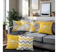 Shein 6 piezas Fundas de cojín con estampado de texto moderno minimalista amarillo & gris con diseño floral geométrico Home Sweet Home & Love Lives Here [In