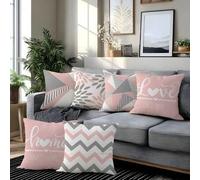 Shein 6 piezas Fundas de cojín con estampado de texto Moderno Minimalista Rosa & Gris Geométrico Floral Home Sweet Home & Love Lives Here [Inserto de almoha