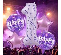 Shein 6 piezas Globos con números de 40 pulgadas en color morado claro, 1 globo redondo de 18 pulgadas con "Feliz Cumpleaños", pegatinas de relámpago púrpur