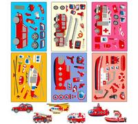 Shein 6 piezas/paquete Rompecabezas de pegatinas con temas de vehículos, que incluyen camión de bomberos, ambulancia, helicóptero, submarino, patrones de ba