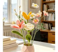 Shein 6 piezas Ramo de flores de ganchillo hecho a mano de colores mixtos, tallos de flores artificiales de rosa, tulipán, lirio y margarita de hilo de punt