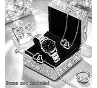 Shein 6 piezas Reloj de cuarzo casual de moda plateado, juego de pulsera, collar, anillo y aretes con doble corazón, correa de acero inoxidable, esfera roma
