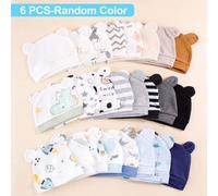 Shein 6 piezas/Set Gorro de bebé recién nacido niño 0-3M aleatorio de unicolor y estampado con orejeras, accesorios adorables de uso diario para bebés