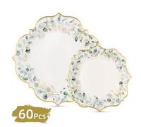 Shein 60 piezas de platos de papel con hojas de eucalipto de 7 pulgadas y 9 pulgadas con decoración de lámina de oro, platos desechables de hojas verdes ade
