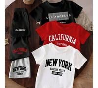 Shein 6piezas/Set Cómodo Algodón Niño Joven 3 Sets Blanco, Negro, Gris, Rojo Casual Moda Clásica Letra NEW YORK, LOS ANGELES, CALIFORNIA Impresión Cuello Re