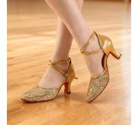 Shein 7 cm Zapatos de baile de salón para mujer con purpurina dorada, de punta cerrada con correa de tobillo y suela blanda para bailes latinos, salsa y tan