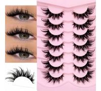 Shein 7 pares de pestañas de ojos de gato de imitación de mink con banda transparente, pestañas naturales largas al estilo manga con extremos alados que ala