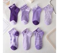 Shein 7 Pares / Set de calcetines bajos para mujer con diseño de franjas de corazón, vaca y moradas, lindos calcetines finos y transpirables con decoración