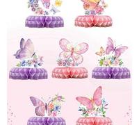 Shein 7 piezas Adornos de panal de mariposa rosa y morado, decoraciones de fiesta de cumpleaños feliz, suministros para fiestas en el hogar, fondo, de vuelt