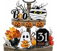 Shein 7 piezas de decoración de bandeja escalonada de Halloween de madera con calabaza, fantasma, <<Boo», fantasma y momia, decoración de escritorio para Ha