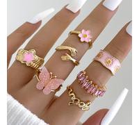 Shein 7 piezas/set Anillo dulce estilo cinco puntas con estrella con mariposa con margarita para mujeres