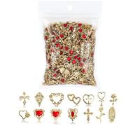 Shein 70 piezas Juego de joyería para uñas dorada, con incrustaciones de strass y gemas en forma de rosa, corazón, cruz, Virgen María - Decoraciones de arte