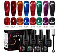 Shein 8 piezas Esmalte de uñas en gel efecto gato de 7ml, Juego de esmaltes de uñas magnéticos de color rojo y azul con barra magnética incluida, Esmalte de