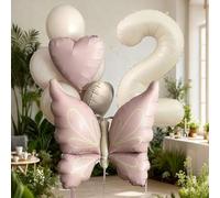 Shein 8 piezas Globos con números de 40 pulgadas de color crema, globo de mariposa rosa grande de 18 pulgadas de papel de aluminio, globos de corazón crema