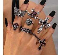 Shein 8 piezas Joyería de anillos de estilo gótico de vampiro, juego de anillos de calavera de cruz sangrienta de esqueleto para mujeres