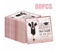 Shein 80/40/20 piezas de 33 x 33 cm Servilletas desechables con tema de temporada de graduación en color rosa, con una chica sosteniendo su certificado de g
