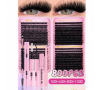 Shein 800/300/290/270 piezas Pestañas postizas individuales, kit de extensión de pestañas con rizo D de 8-16 mm con pegamento y sellador, herramientas de ex