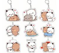 Shein 8pcs/1 pieza Llavero de personaje de anime Dudu Bubu, estilo de pareja súper lindo, llavero de arte de panda de pareja blanco & gris, accesorio de col