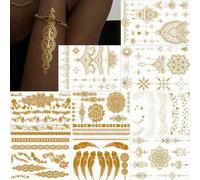 Shein 9 piezas de tatuajes temporales con brillo dorado, tatuajes metálicos de pecas para el rostro, maquillaje a prueba de agua con brillo para el festival