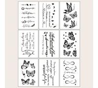 Shein 9 piezas de tatuajes temporales con diseños de mariposas negras, palabras y latidos del corazón en estilo boceto para partes pequeñas del Body como la