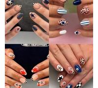 Shein 96 piezas (4 diseños surtidos) Uñas postizas de estilo francés con diseños de bola de billar, estampado de leopardo, rayas, cerezas y estrellas. Inclu