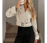 Shein Abrigo corto tipo gabardina con doble botonadura y cintura ceñida, elegante casual para mujer, estilo oficina y negocios, beige, otoño