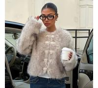 Shein Abrigo de piel sintética gris y blanco para mujer, chaqueta con botones de nudo chino esponjoso, elegante prenda de abrigo vintage de invierno para fi