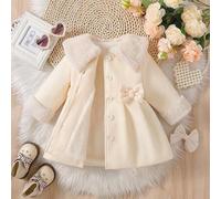 Shein Abrigo elegante de invierno para niñas bebé, de color blanco, con solapa esponjosa, moño 3D, mezcla de lana, corte evasé, manga larga, cálido y de est