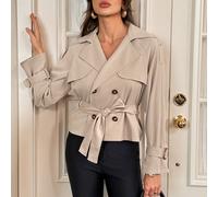 Shein Abrigo largo beige de doble botonadura para mujer, estilo casual francés clásico, de moda, cómodo para ir a la oficina y viajar, para otoño