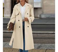 Shein Abrigo largo tipo gabardina con botones y bolsillos, manga larga, estilo clásico francés elegante, streetwear para mujer, beige, para oficina, otoño,
