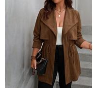 Shein Abrigo tipo gabardina con solapa para mujer talla grande, cintura ceñida, manga larga, corte A, efecto ante marrón, largo medio, elegante, holgado, ca