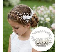 Shein Accesorio para el cabello de niña con flor de Campsis, diadema floral blanca, tocado de perlas para niña