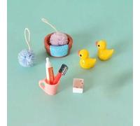 Shein Accesorios en miniatura para casa de muñecas, cepillo de dientes simulado + esponja de baño + jabón, accesorios para escena de baño, suministros para